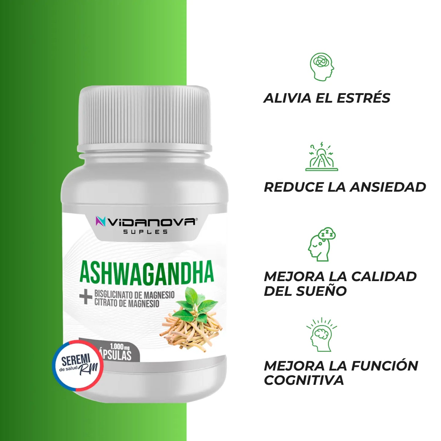 Ashwagandha + Magnesio 1000mg | Anti-Estrés y Sueño Profundo (60 Caps)